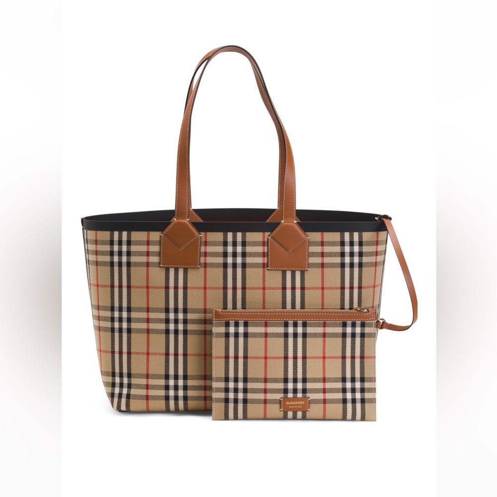 BURBERRY Made in Italy Medium Londan Tote In Signature Check With Leather Trim